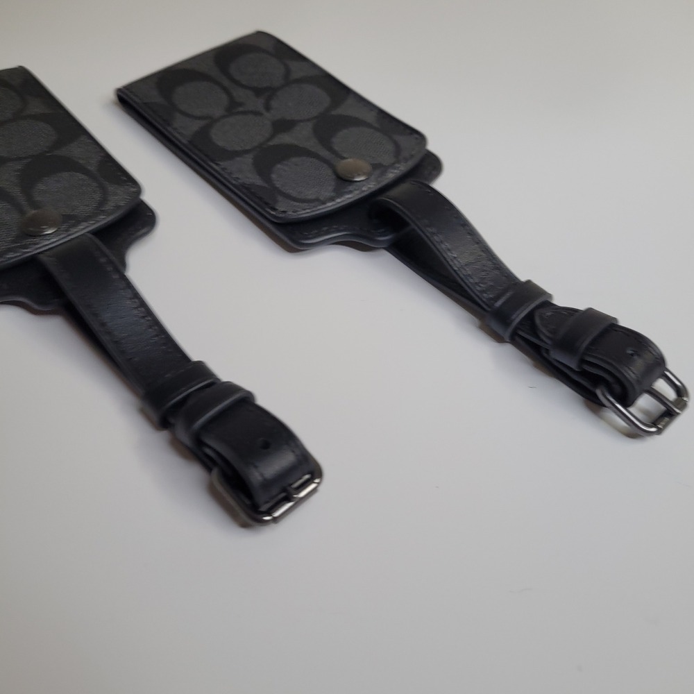 Coach Signature Canvas Luggage Tags Set of 2 Charcoal Black Leather Travel ID - Picture 7 of 9
